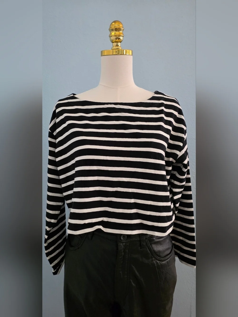 J. Crew Black and White Striped Cropped Fit Top